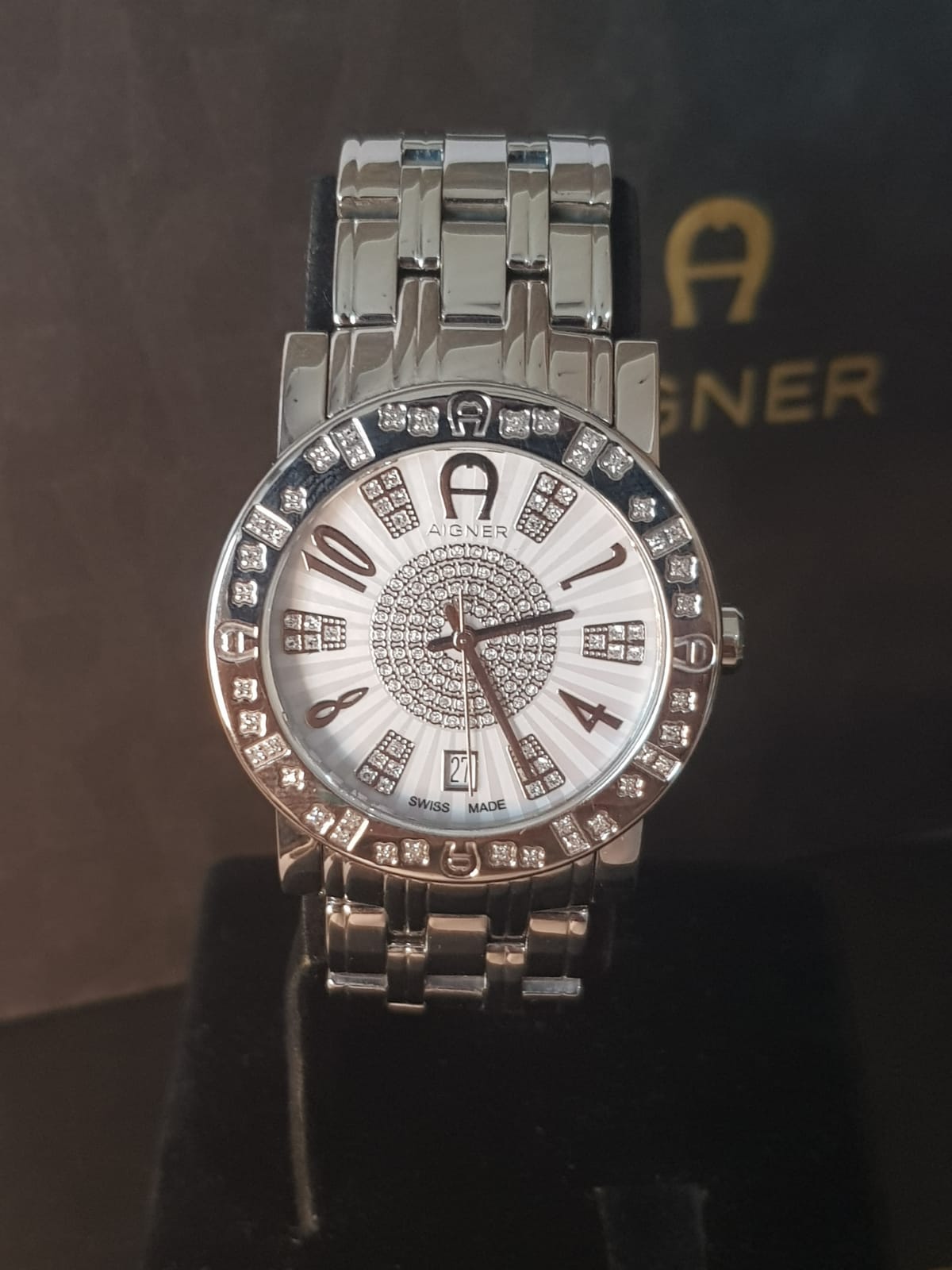 Aigner Swiss Made Luxury Watch - Crystal Studded Bezel & Horseshoe Logo