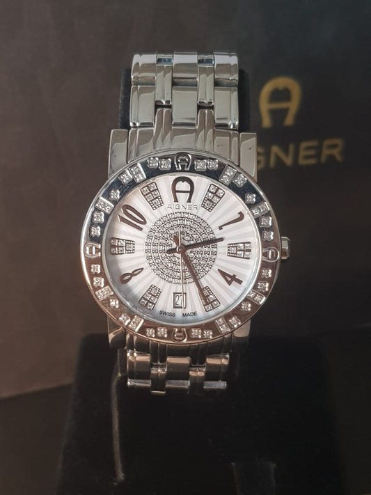 Aigner Swiss Made Luxury Watch - Crystal Studded Bezel & Horseshoe Logo