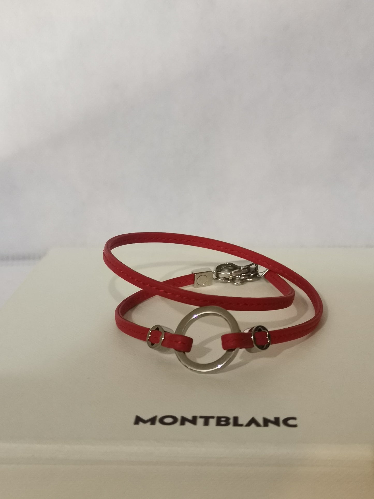 Montblanc Red Leather Double Wrap Bracelet – Stainless Steel Accents