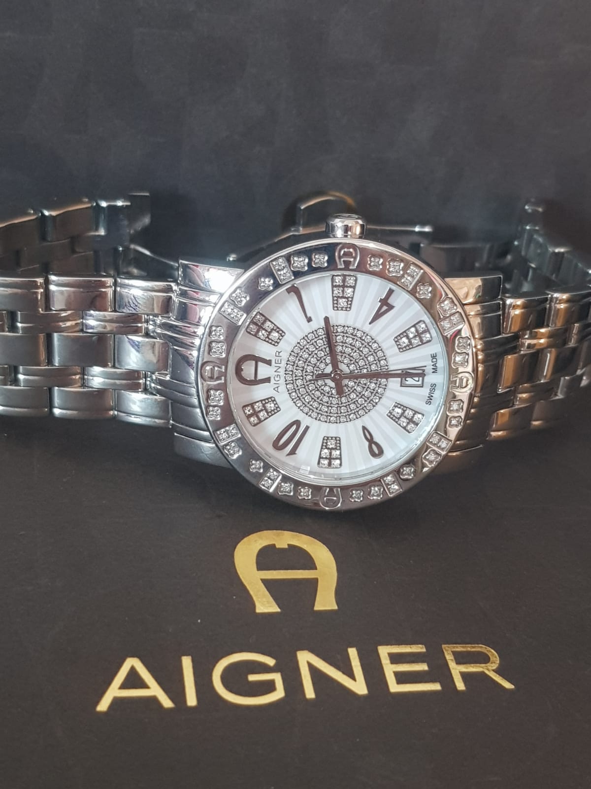 Aigner Swiss Made Luxury Watch - Crystal Studded Bezel & Horseshoe Logo