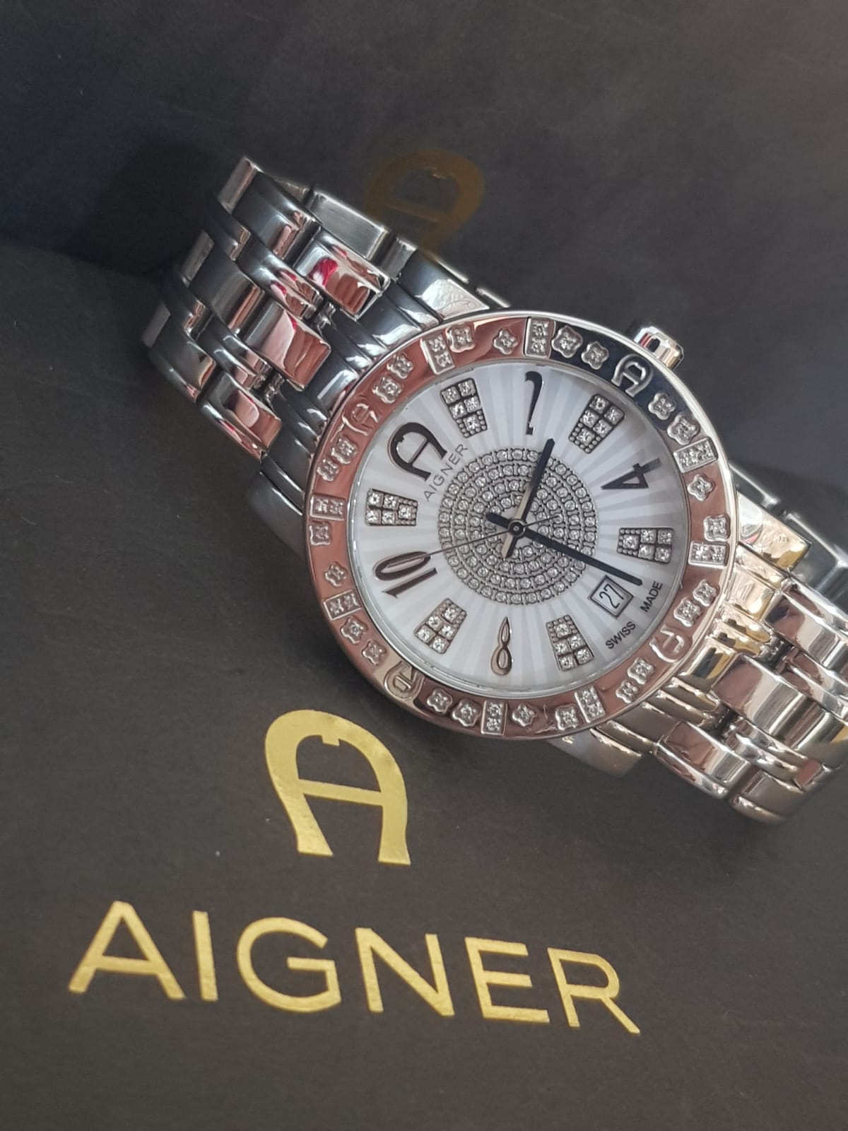 Aigner Swiss Made Luxury Watch - Crystal Studded Bezel & Horseshoe Logo