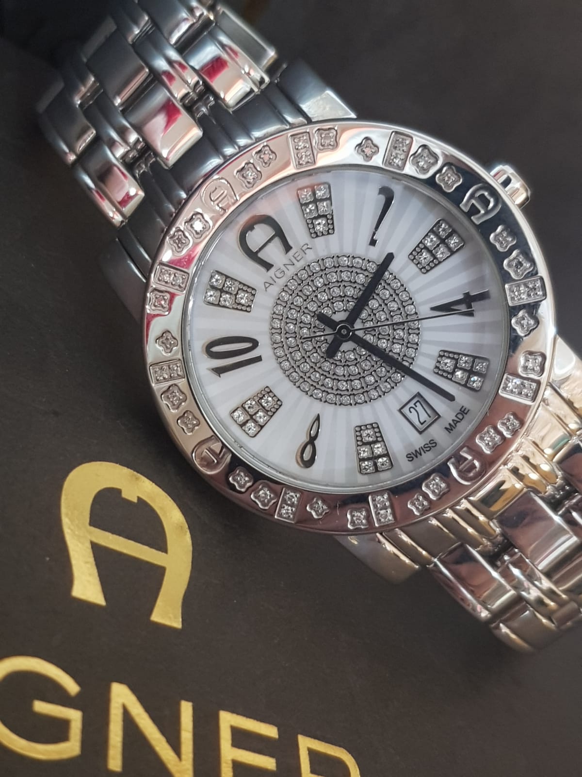 Aigner Swiss Made Luxury Watch - Crystal Studded Bezel & Horseshoe Logo