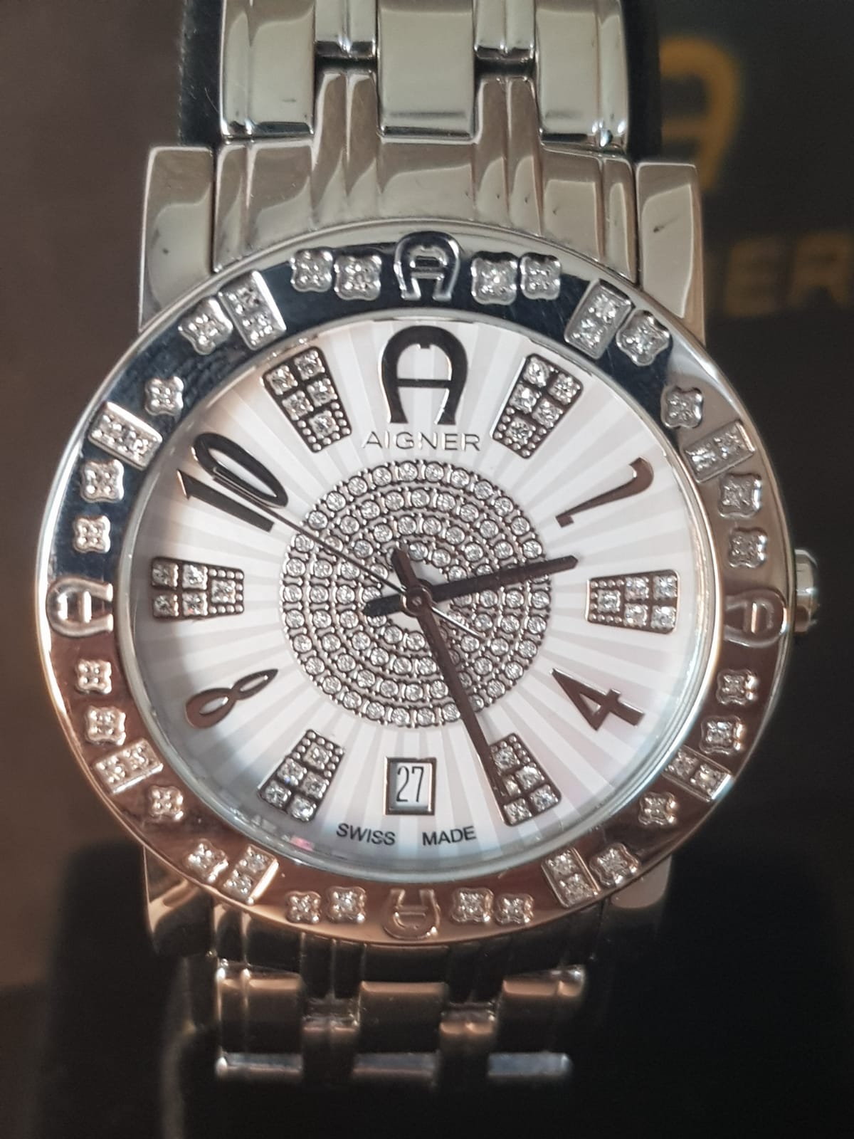 Aigner Swiss Made Luxury Watch - Crystal Studded Bezel & Horseshoe Logo